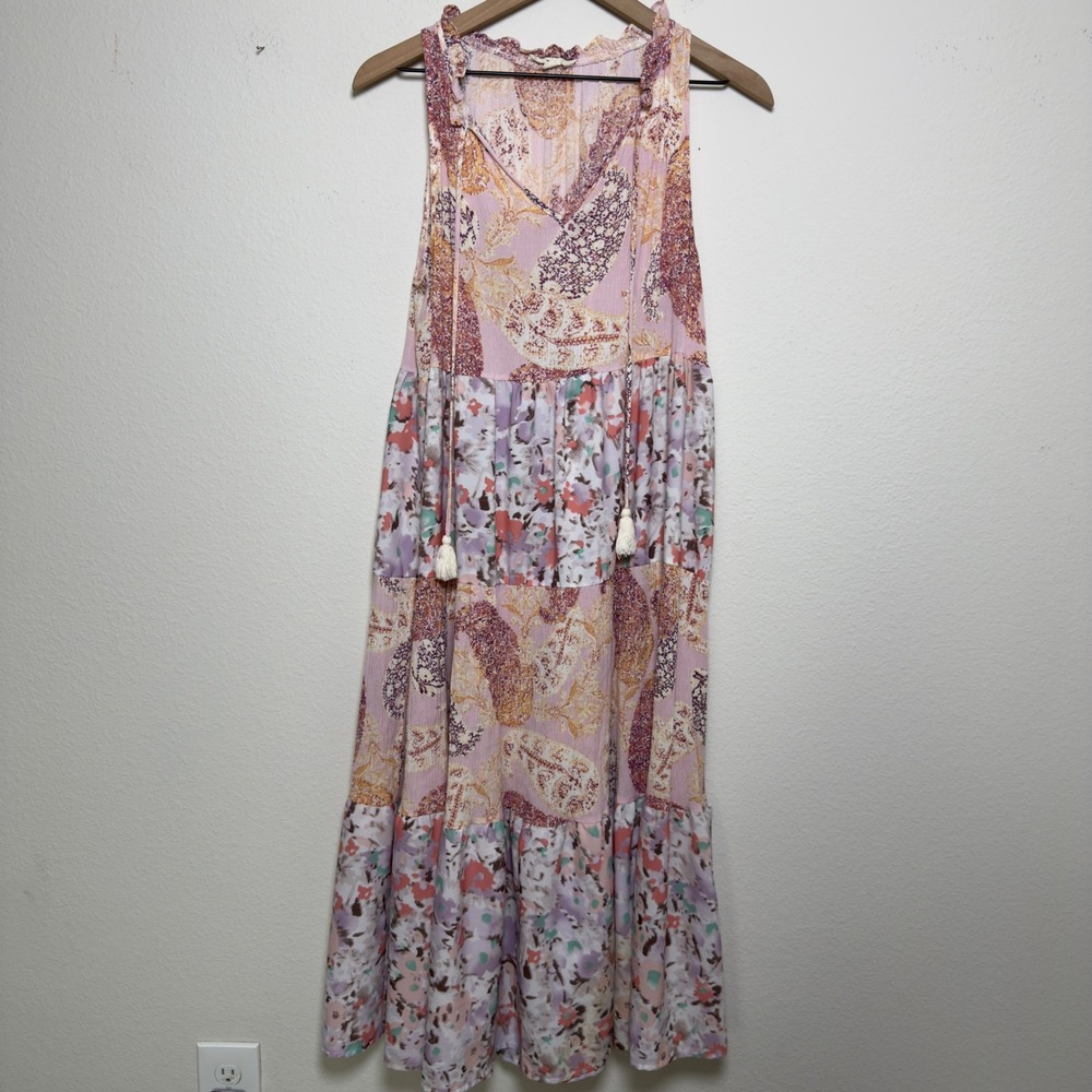 Entro Women Dress Medium Pink Paisley Floral Tiered Midi Flowy Boho Patchwork - Picture 2 of 10